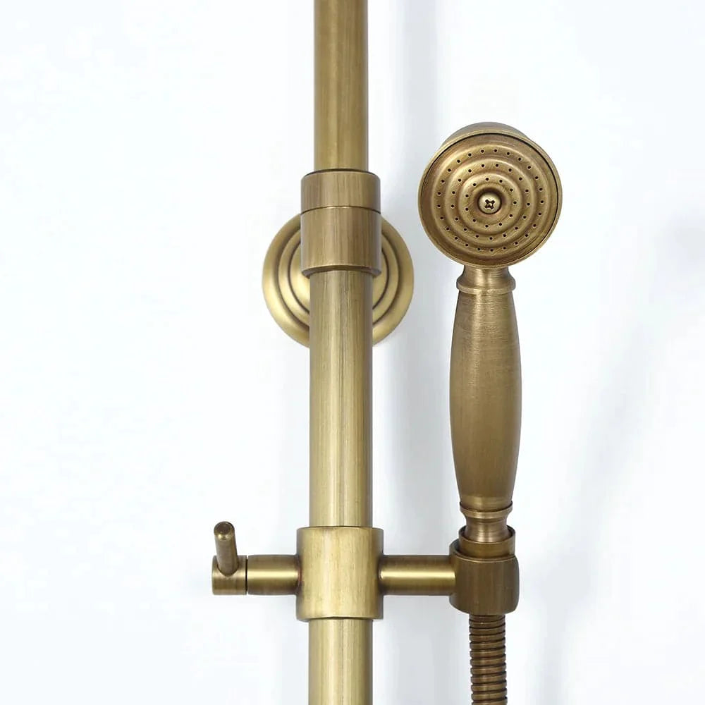 Antique Brass Exposed Wall Mount Shower System with 8" Rain Shower Head and Hand Shower