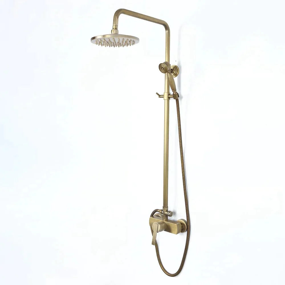 Antique Brass Exposed Wall Mount Shower System with 8" Rain Shower Head and Hand Shower