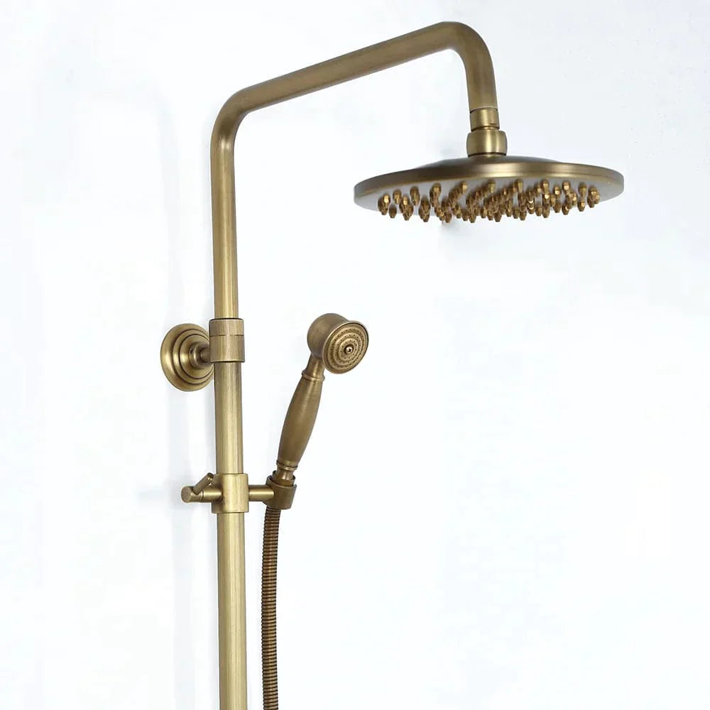 Antique Brass Exposed Wall Mount Shower System with 8" Rain Shower Head and Hand Shower