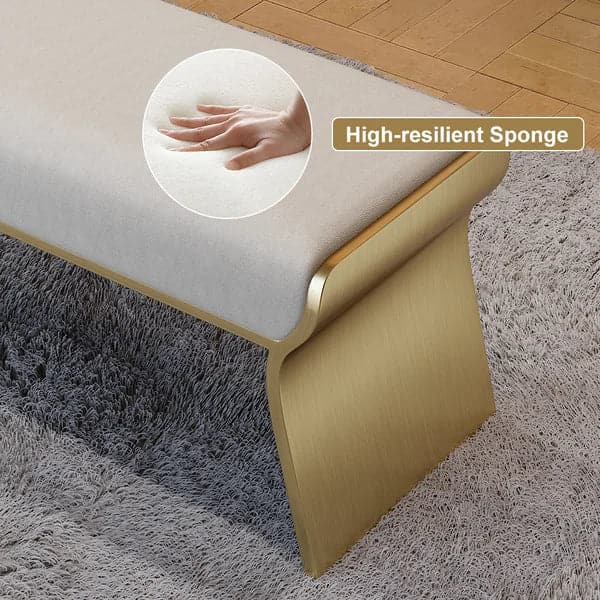 Beige Modern Stainless Steel Bench Leath-Aire Upholstered Bedroom Long Bench