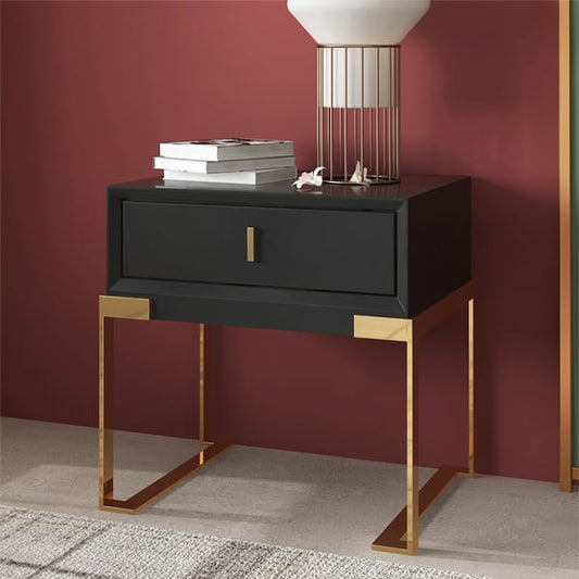 Black Bedroom Nightstand with Drawer Bedside Table Stainless Steel Base