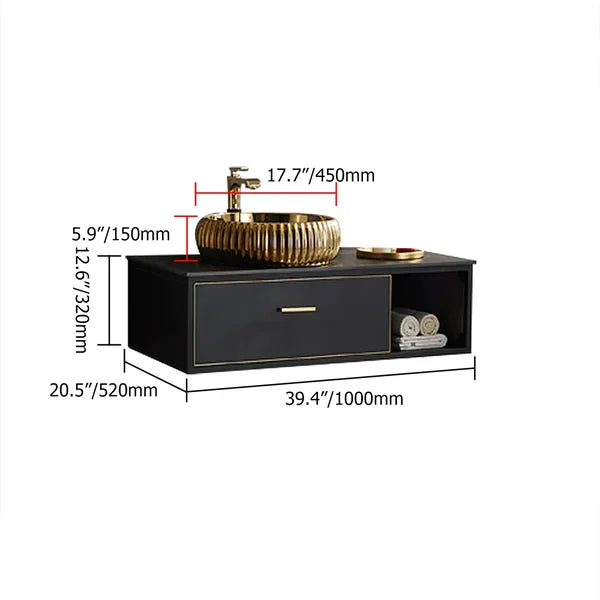 Black Floating Bathroom Vanity Sintered Stone Top 1 Drawer with Gold Ceramics Vessel