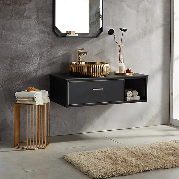 Black Floating Bathroom Vanity Sintered Stone Top 1 Drawer with Gold Ceramics Vessel