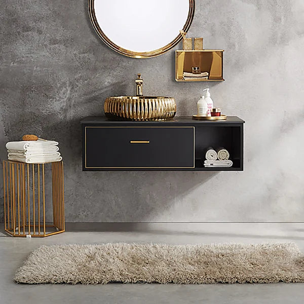 Black Floating Bathroom Vanity Sintered Stone Top 1 Drawer with Gold Ceramics Vessel