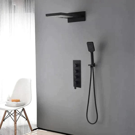 Black Modern Wall Mounted Waterfall Shower System Solid Brass with Handheld Shower