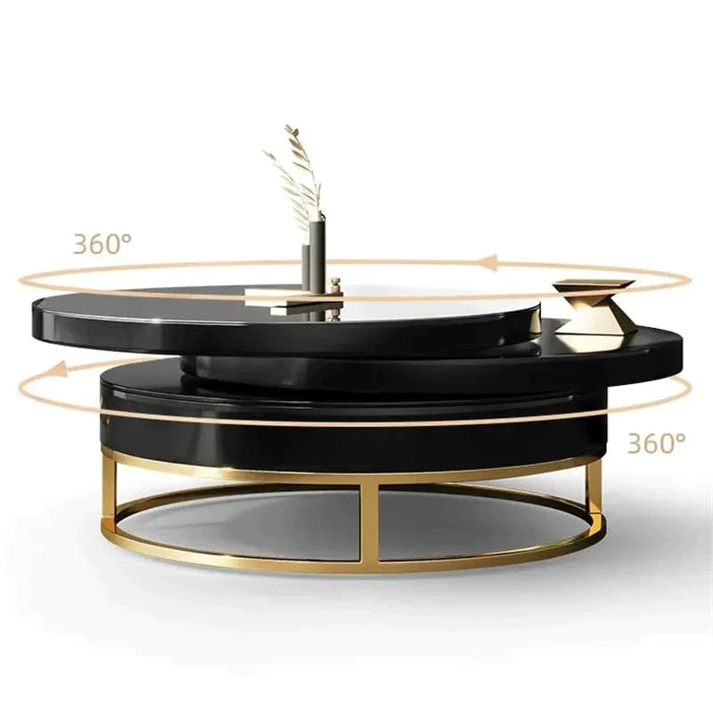 Black Round Modern Swivel Coffee Table with Storage Gold Steel Base