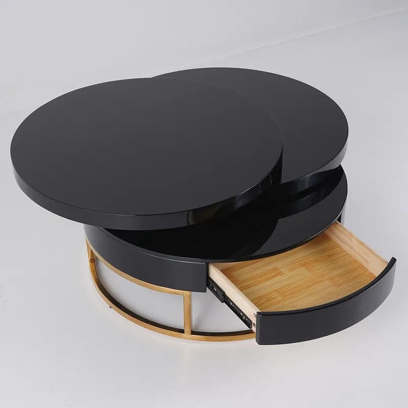 Black Round Modern Swivel Coffee Table with Storage Gold Steel Base