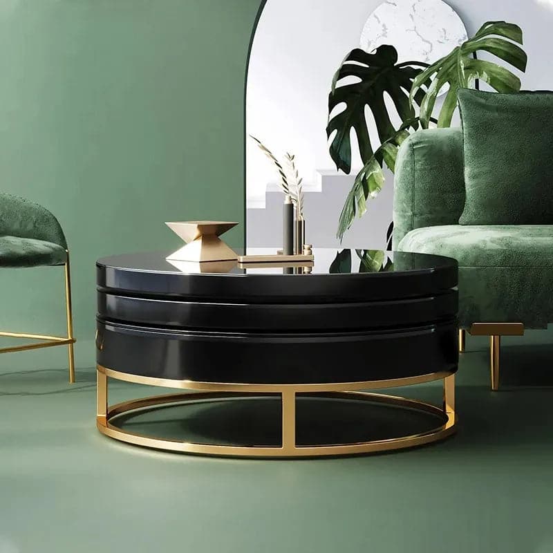 Black Round Modern Swivel Coffee Table with Storage Gold Steel Base