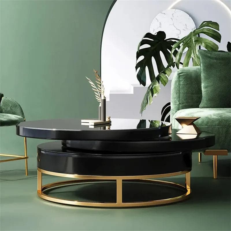 Black Round Modern Swivel Coffee Table with Storage Gold Steel Base