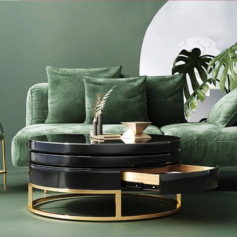 Black Round Modern Swivel Coffee Table with Storage Gold Steel Base