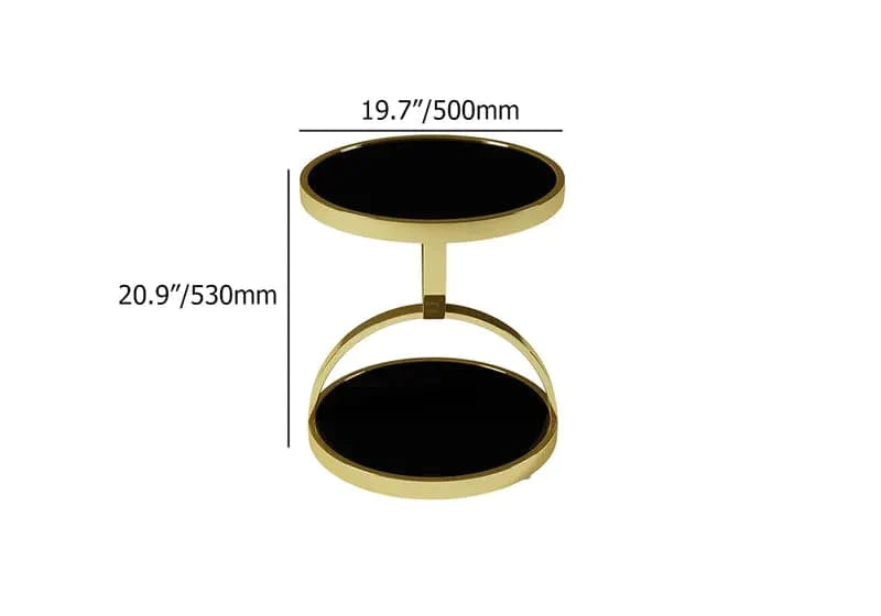 Black Round Side Table Tempered Glass with Storage End Table in Gold