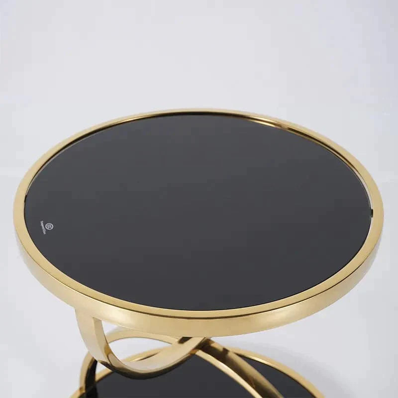 Black Round Side Table Tempered Glass with Storage End Table in Gold