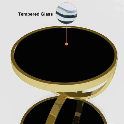 Black Round Side Table Tempered Glass with Storage End Table in Gold