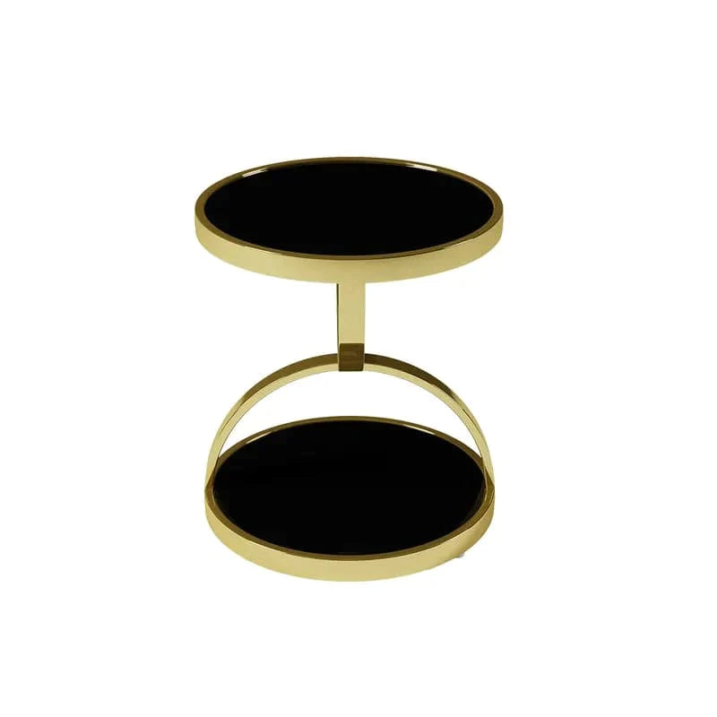 Black Round Side Table Tempered Glass with Storage End Table in Gold