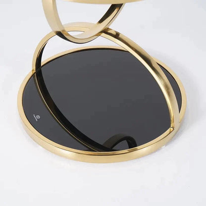 Black Round Side Table Tempered Glass with Storage End Table in Gold