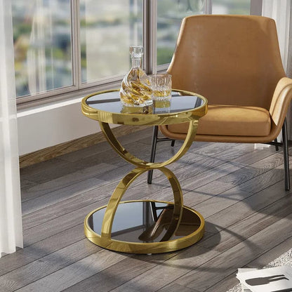 Black Round Side Table Tempered Glass with Storage End Table in Gold