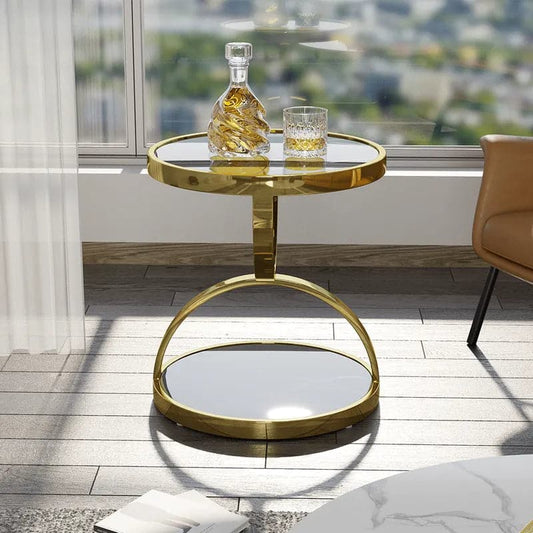 Black Round Side Table Tempered Glass with Storage End Table in Gold