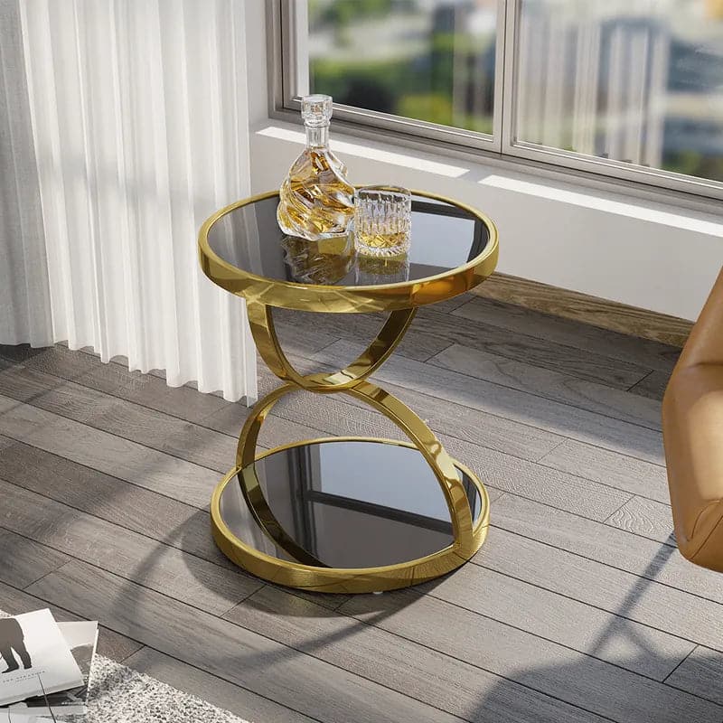 Black Round Side Table Tempered Glass with Storage End Table in Gold