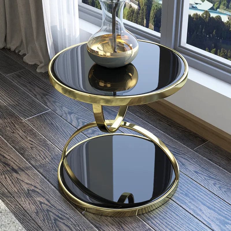 Black Round Side Table Tempered Glass with Storage End Table in Gold