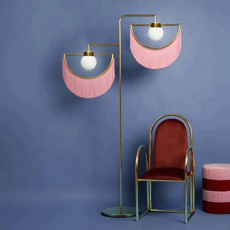 2-Light Floor Lamp with Pink Fringes Macrame and Gold Tones