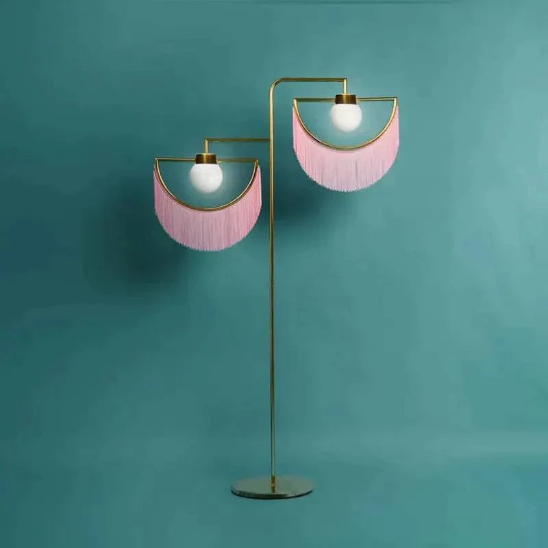 2-Light Floor Lamp with Pink Fringes Macrame and Gold Tones