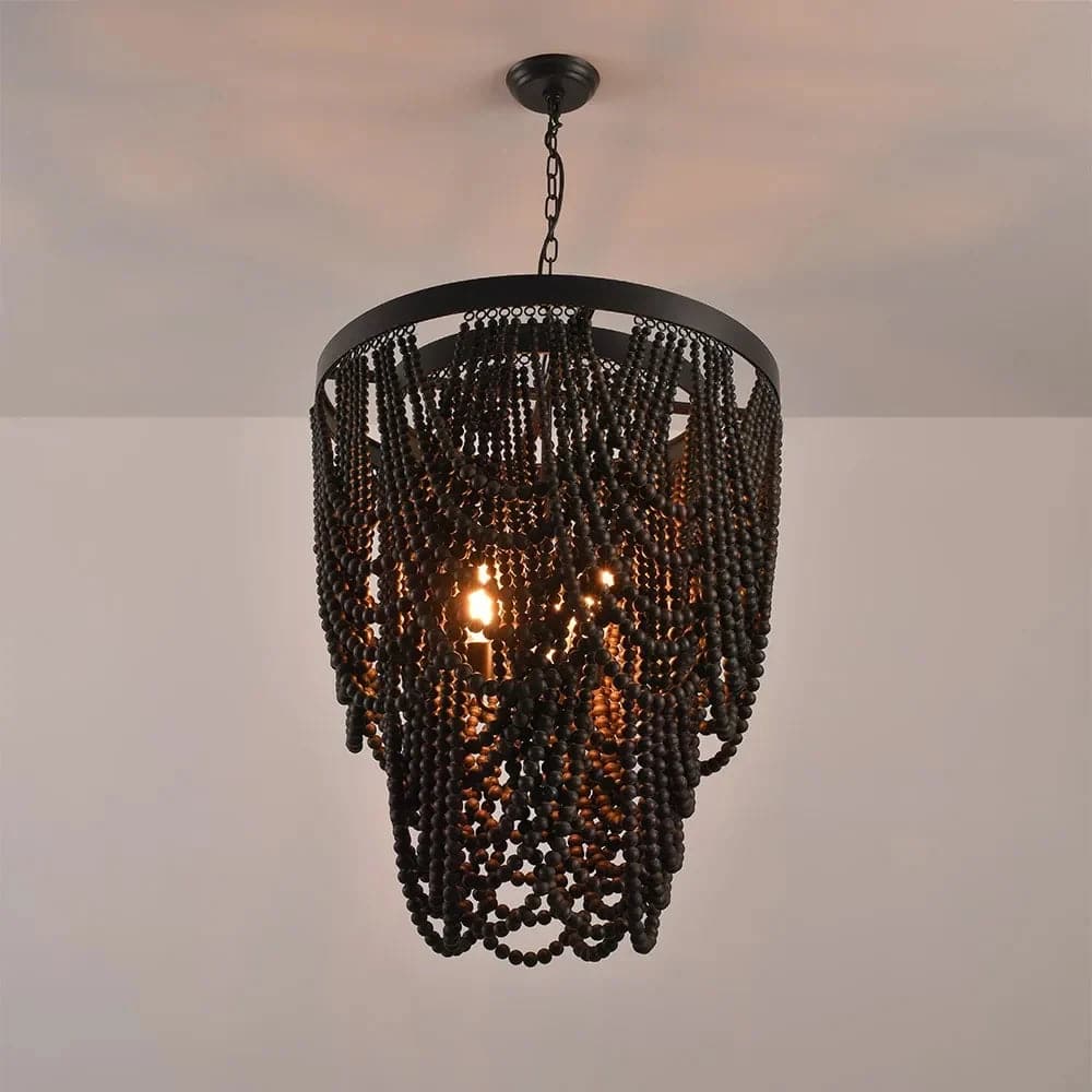 Wooden Bead Chandelier Cascade 3-Light Pendant Light in Matte Black