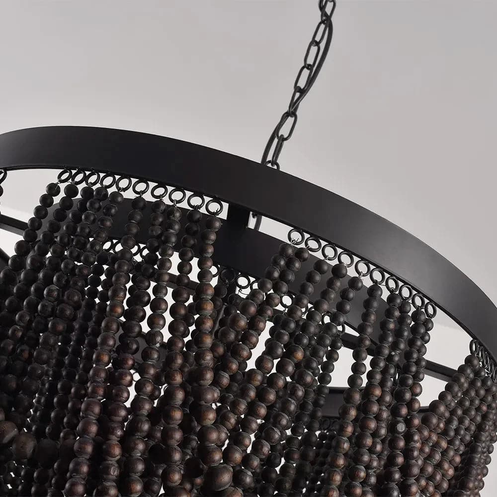 Wooden Bead Chandelier Cascade 3-Light Pendant Light in Matte Black