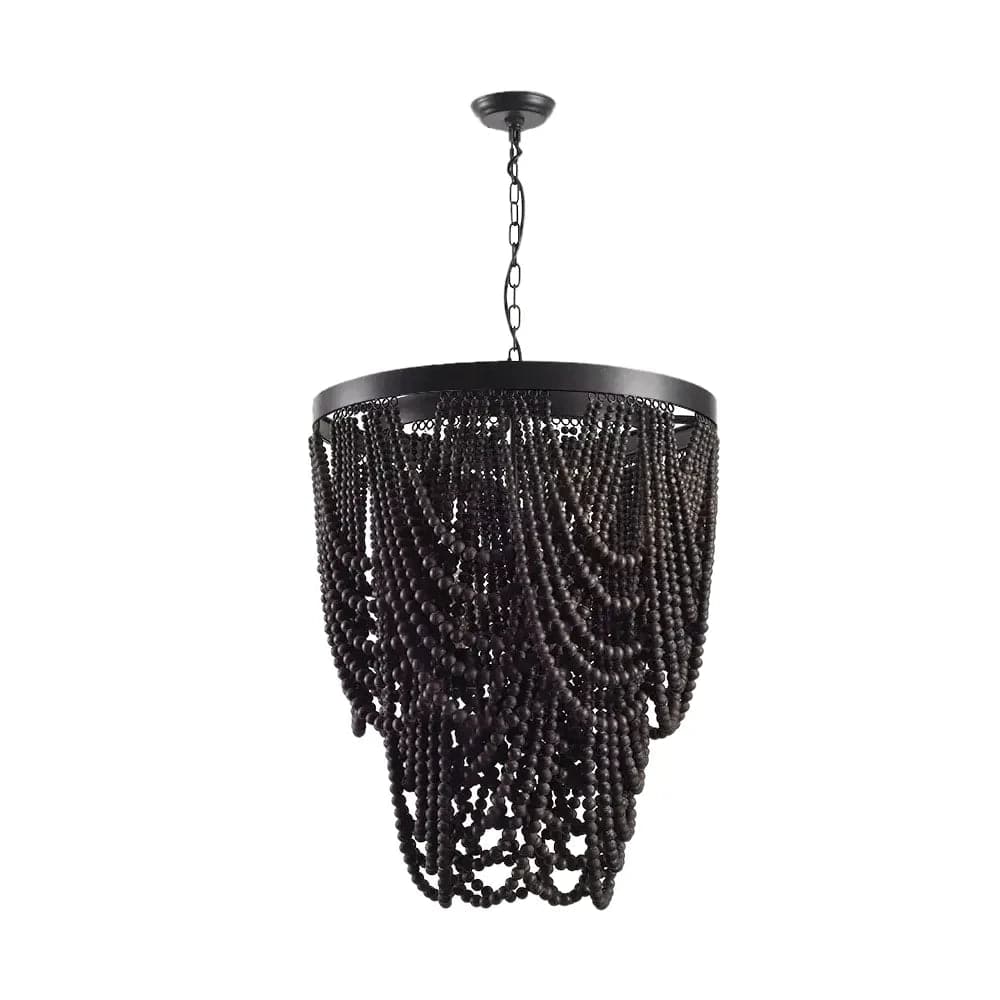 Wooden Bead Chandelier Cascade 3-Light Pendant Light in Matte Black