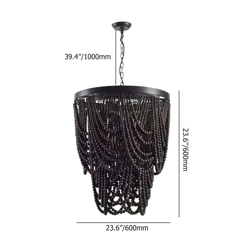 Wooden Bead Chandelier Cascade 3-Light Pendant Light in Matte Black