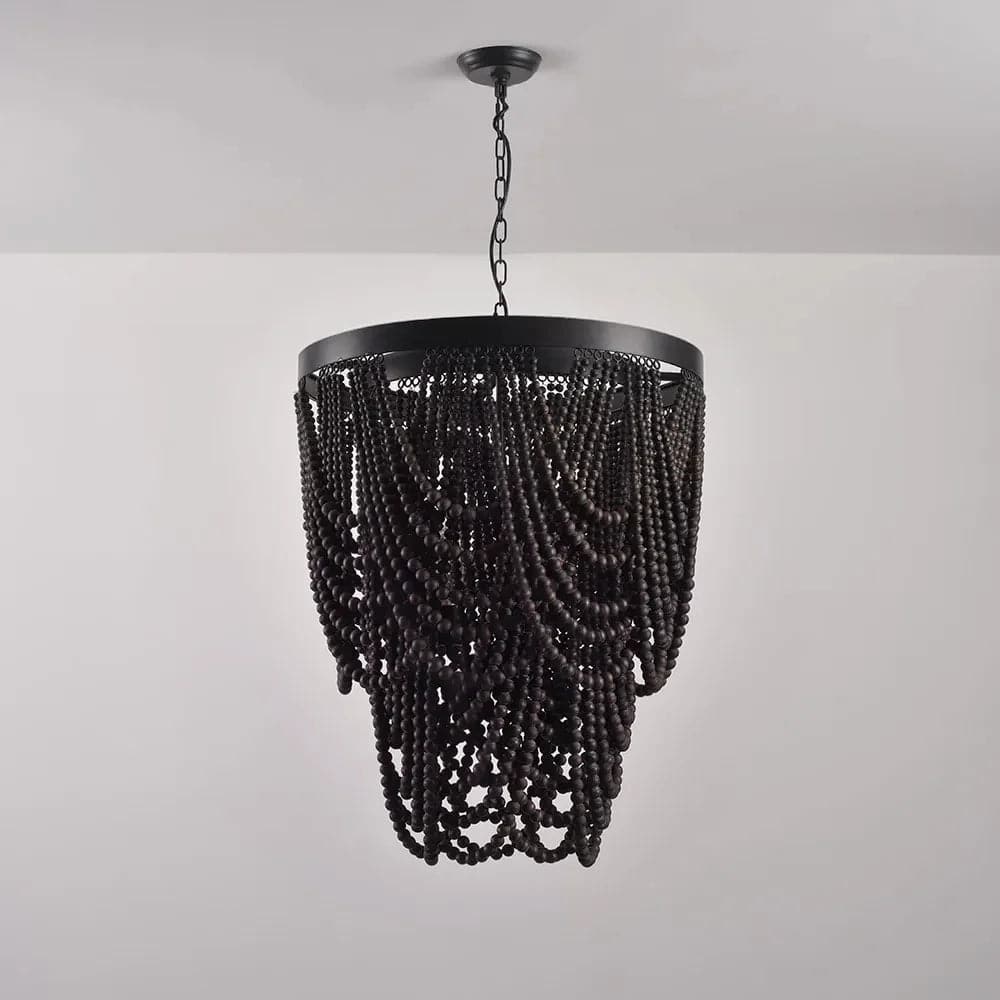 Wooden Bead Chandelier Cascade 3-Light Pendant Light in Matte Black