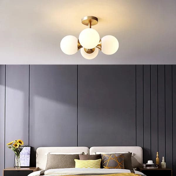 Brass 4-Light Semi-Flush Mount Ceiling Light Globe Shade Mini Chandelier