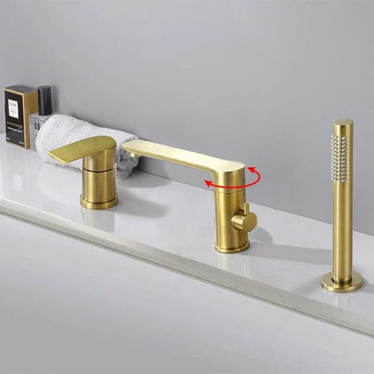 Brushed Gold Deck-Mount Roman Bathtub Filler Faucet with Handshower Solid Brass