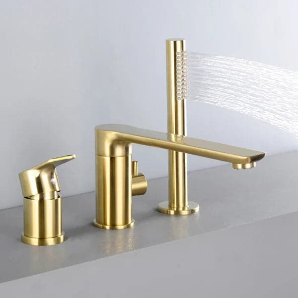 Brushed Gold Deck-Mount Roman Bathtub Filler Faucet with Handshower Solid Brass