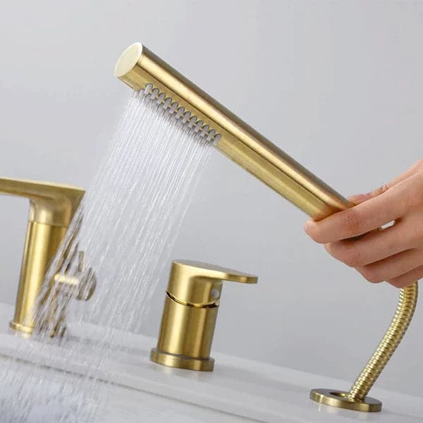 Brushed Gold Deck-Mount Roman Bathtub Filler Faucet with Handshower Solid Brass