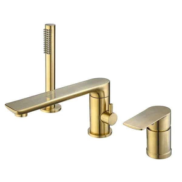 Brushed Gold Deck-Mount Roman Bathtub Filler Faucet with Handshower Solid Brass