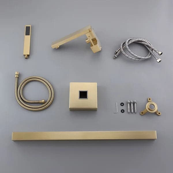 Brushed Gold Freestanding Tub Filler Floor Mount Bathtub Faucet with Hand Shower