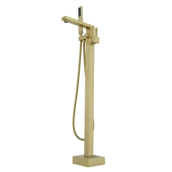 Brushed Gold Freestanding Tub Filler Floor Mount Bathtub Faucet with Hand Shower