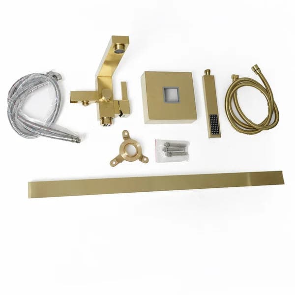 Brushed Gold Freestanding Tub Filler Floor Mount Bathtub Faucet with Hand Shower