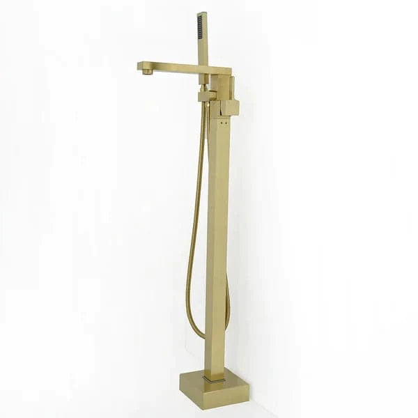 Brushed Gold Freestanding Tub Filler Floor Mount Bathtub Faucet with Hand Shower