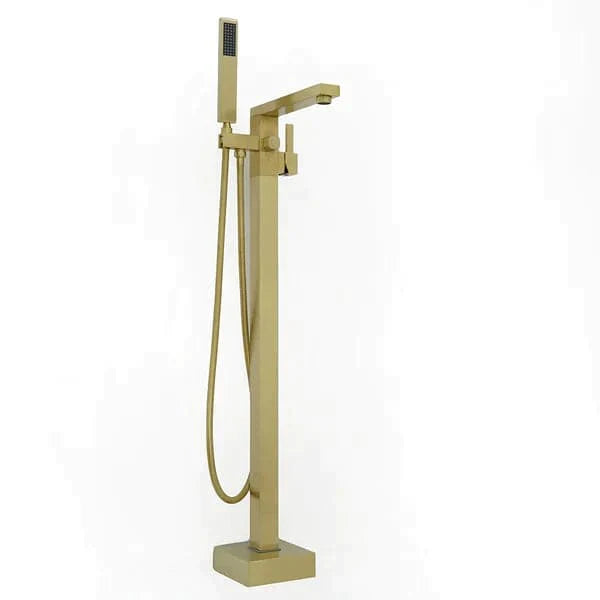 Brushed Gold Freestanding Tub Filler Floor Mount Bathtub Faucet with Hand Shower