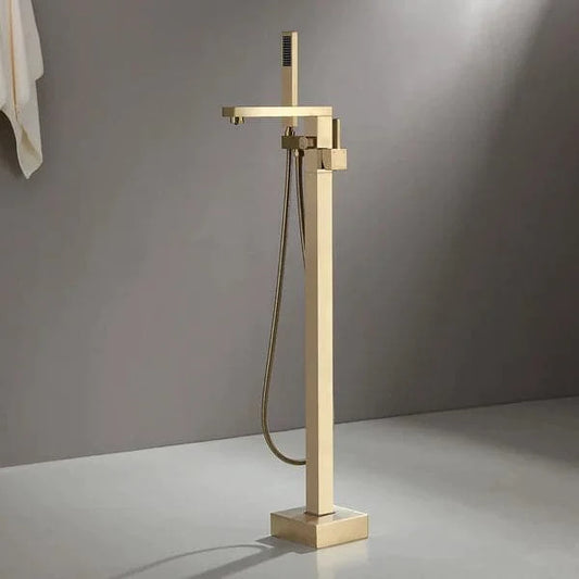 Brushed Gold Freestanding Tub Filler Floor Mount Bathtub Faucet with Hand Shower