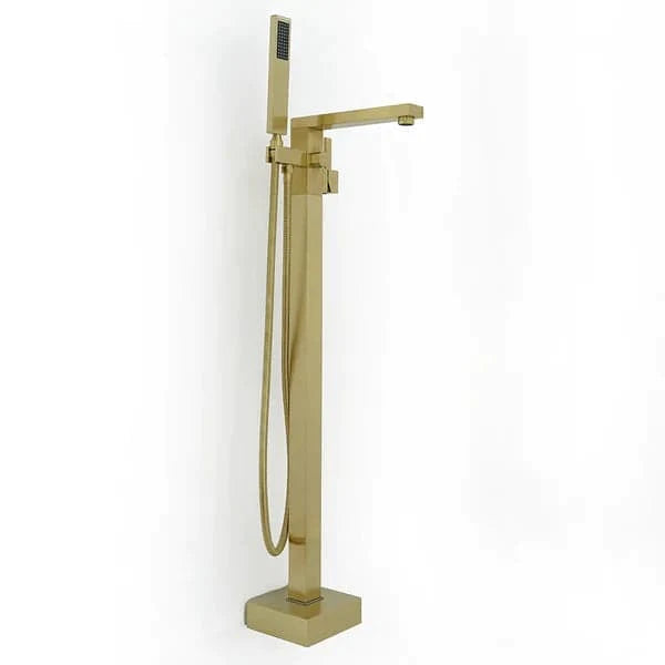 Brushed Gold Freestanding Tub Filler Floor Mount Bathtub Faucet with Hand Shower