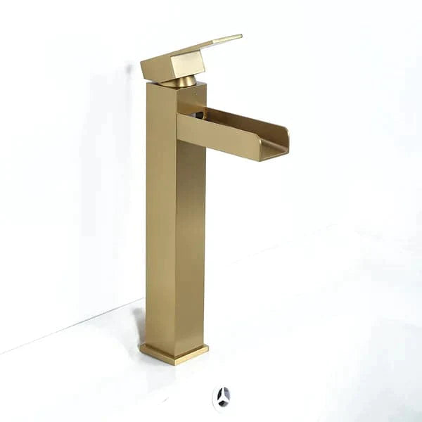 Brushed Gold Single Handle Waterfall Bathroom Vessel Sink Faucet Solid Brass Modern