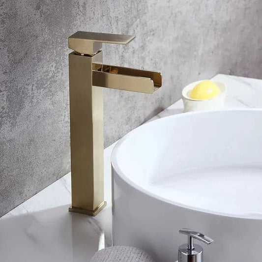 Brushed Gold Single Handle Waterfall Bathroom Vessel Sink Faucet Solid Brass Modern