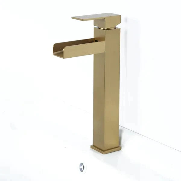 Brushed Gold Single Handle Waterfall Bathroom Vessel Sink Faucet Solid Brass Modern