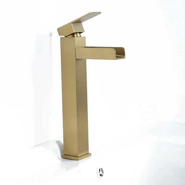 Brushed Gold Single Handle Waterfall Bathroom Vessel Sink Faucet Solid Brass Modern