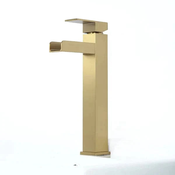 Brushed Gold Single Handle Waterfall Bathroom Vessel Sink Faucet Solid Brass Modern