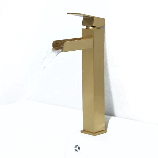 Brushed Gold Single Handle Waterfall Bathroom Vessel Sink Faucet Solid Brass Modern