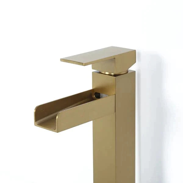 Brushed Gold Single Handle Waterfall Bathroom Vessel Sink Faucet Solid Brass Modern