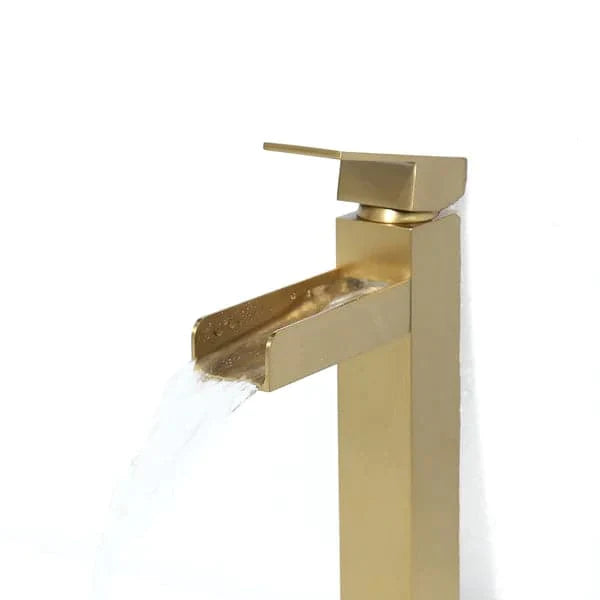 Brushed Gold Single Handle Waterfall Bathroom Vessel Sink Faucet Solid Brass Modern